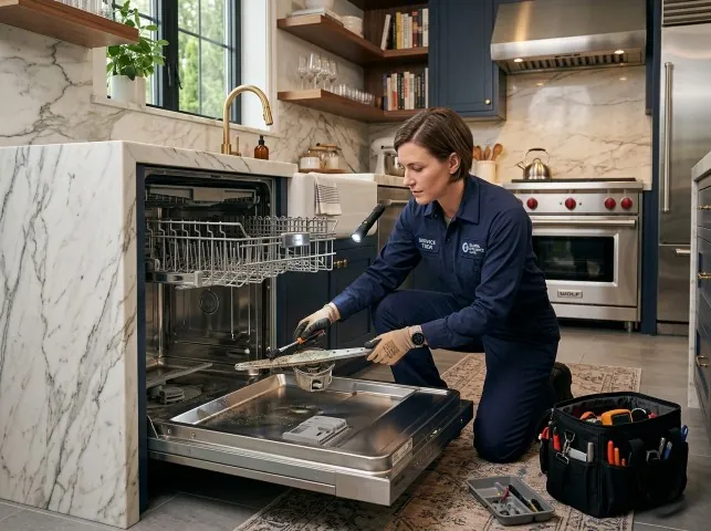 Appliance Repair Hero technician servicing a built-in dishwasher in a Alton, AL kitchen