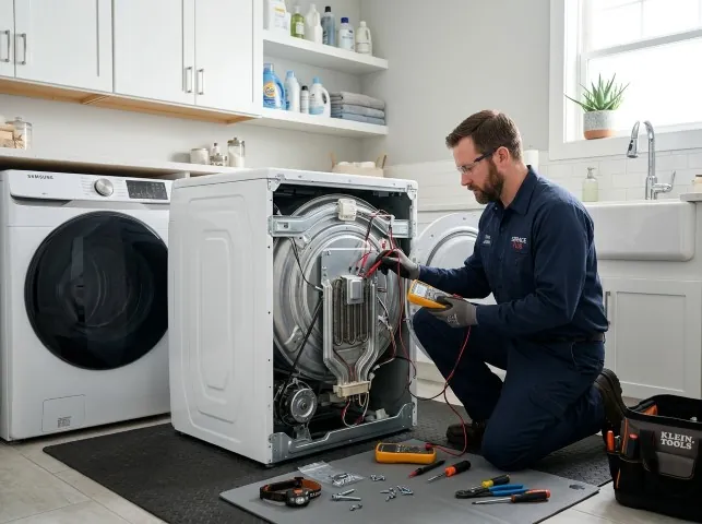 Appliance Repair Hero technician checking a dryer heating element with the rear panel off in Alton, AL