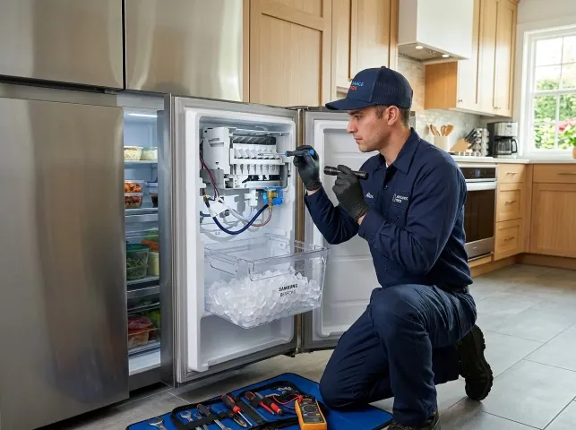 Appliance Repair Hero technician repairing a refrigerator ice maker in Alton, AL