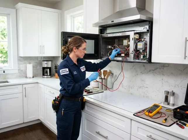 Appliance Repair Hero technician testing an over-the-range microwave in a Alton, AL kitchen