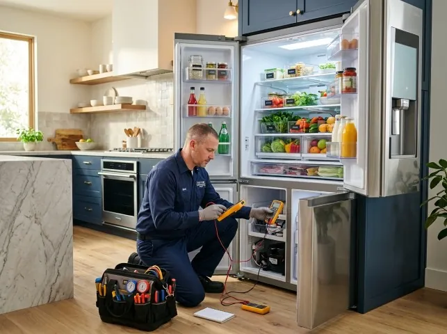 Appliance Repair Hero refrigerator technician testing a fridge on a Alton, AL service call