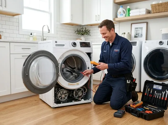 Appliance Repair Hero technician testing a front-load washer with a multimeter on a Alton, AL service call